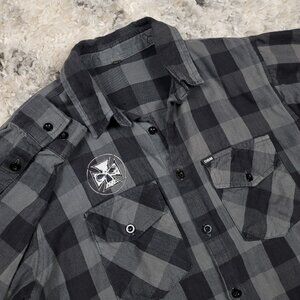 Demons Behind Me Gray Plaid Flannel Shirt Mens Large Streetwear Grunge Button Up